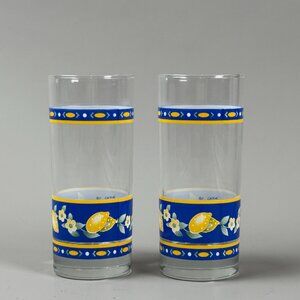 Cerve Lemon Flower Glasses Set of 2 9oz Blue Yellow Tumblers Vintage
